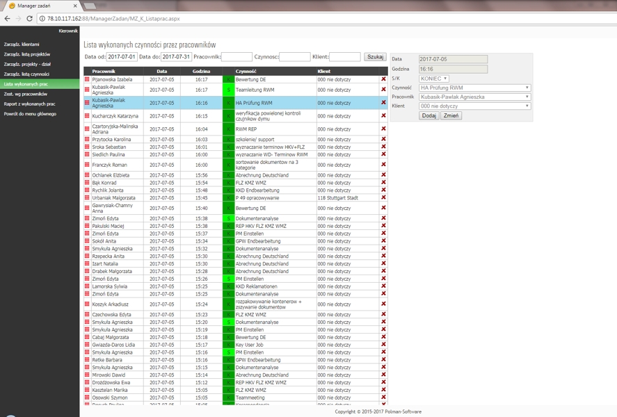 Aplikacja przeglądarkowa rejestracja pracy nad zleceniami Manager Zadań